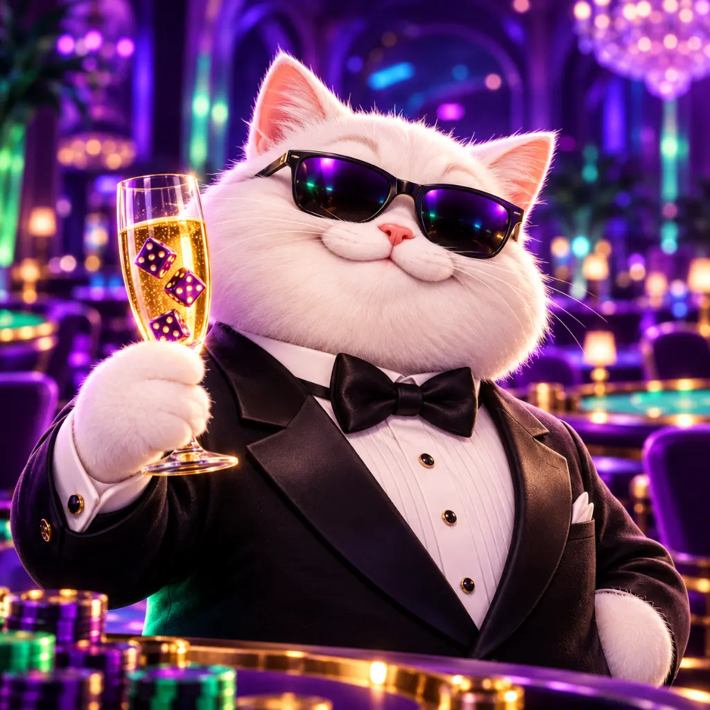 The white Winplace cat in a tuxedo and sunglasses raising a glass of champagne with dice inside