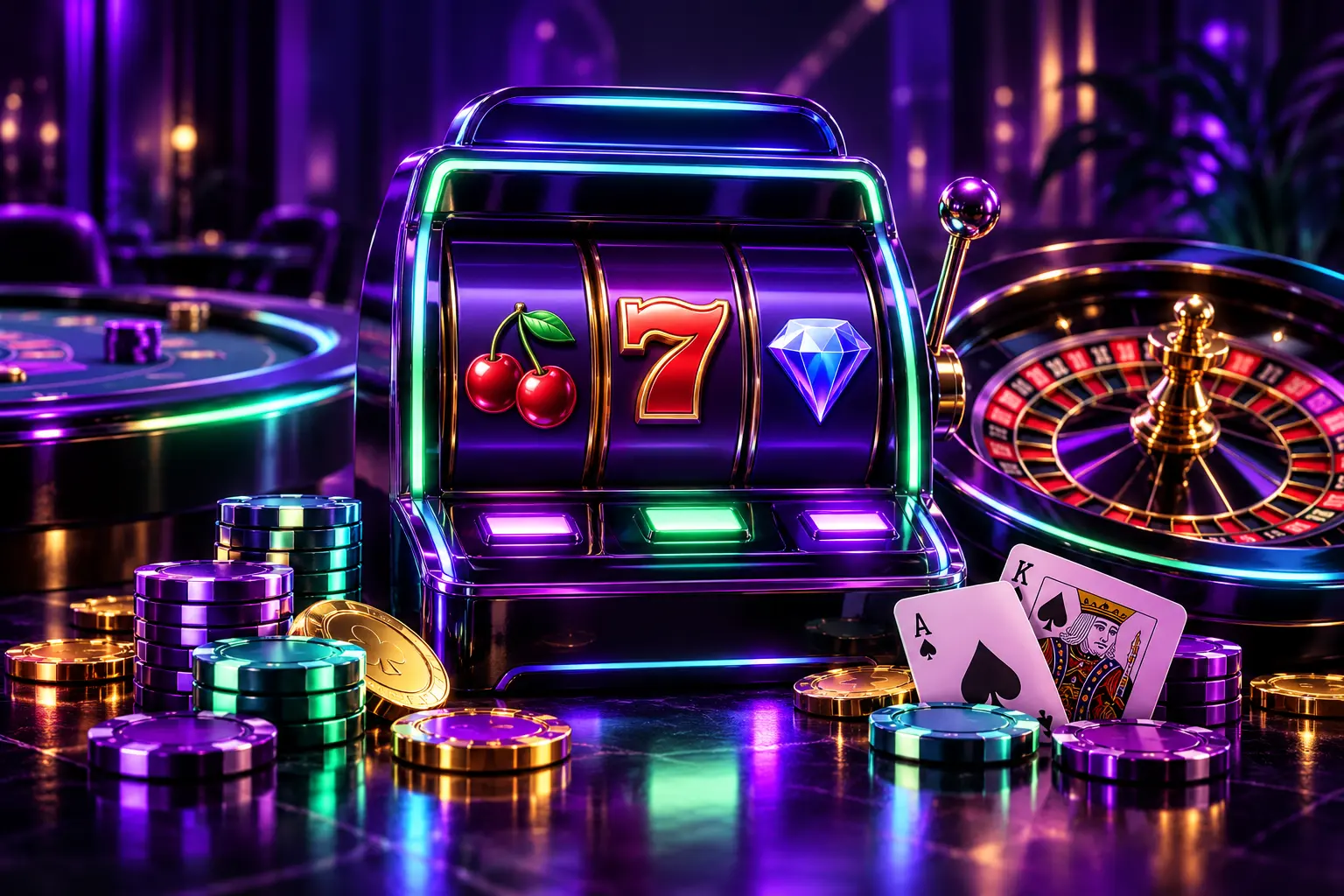 Slot machine with cherries, a seven and a diamond beside a roulette wheel and chip stacks in the Winplace lobby