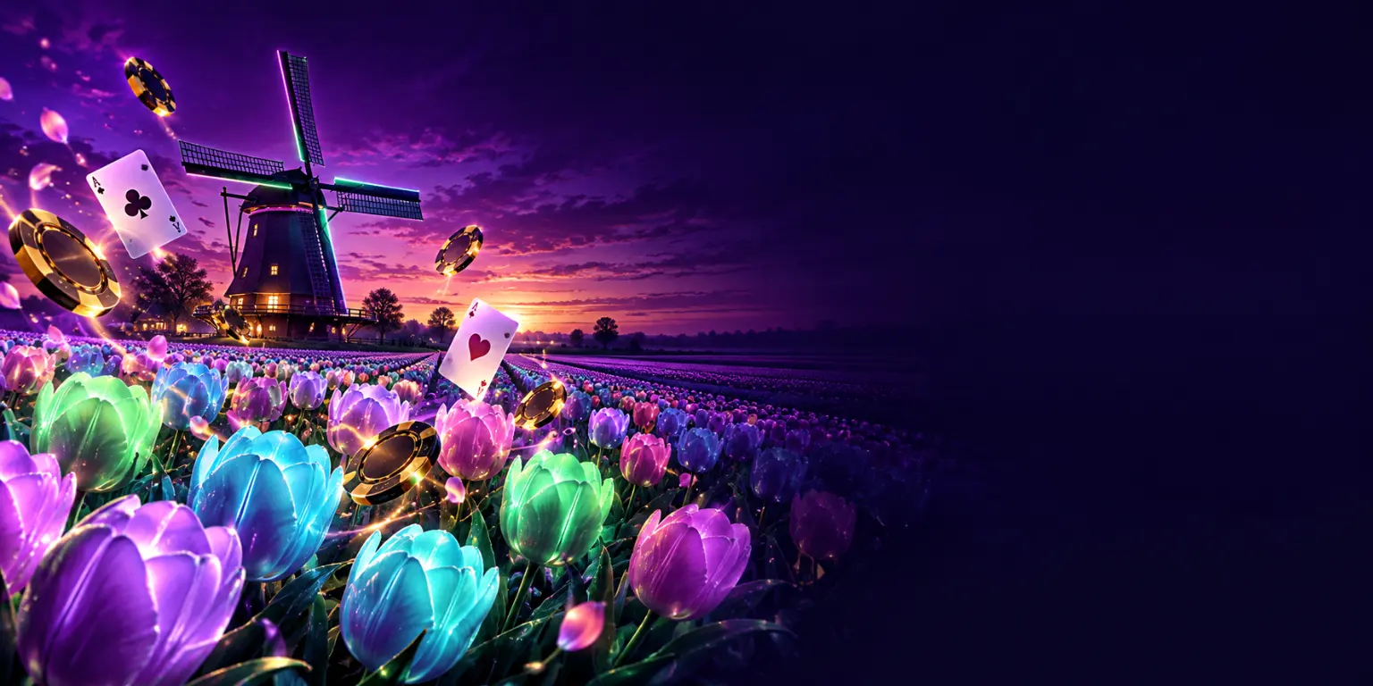 Winplace casino welcome scene: a neon tulip field with a windmill at dusk, casino chips and playing cards in the air